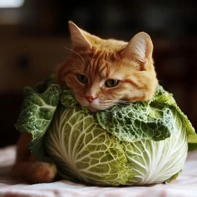 Charming Cat Posing on a Cabbage