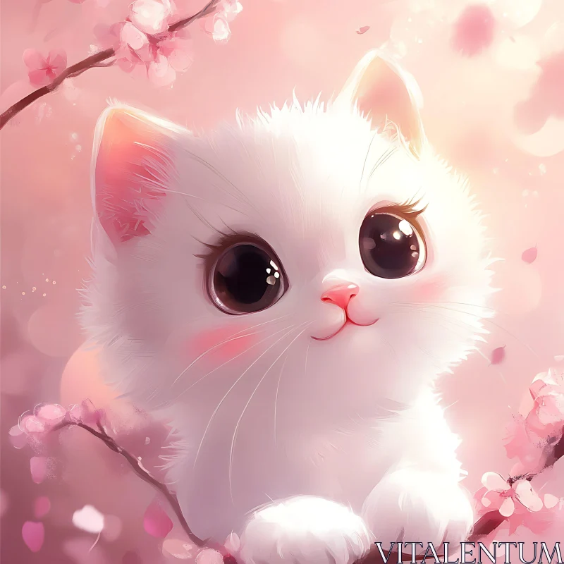 Cute White Kitten Amidst Pink Blossoms