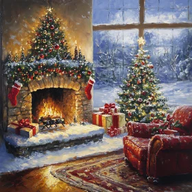 Warm Holiday Scene with Fireplace and Christmas Tree