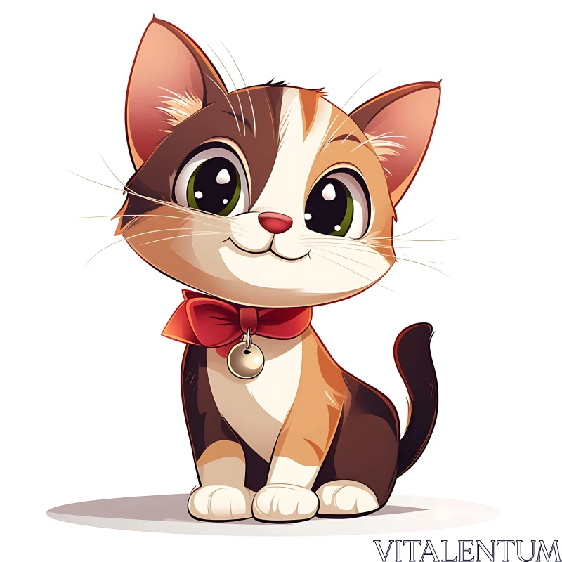 Cute Kitten Cartoon Art with Red Bow-Tie AI Image