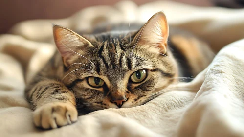 Close-Up of a Relaxed Tabby Cat on a Cream Blanket