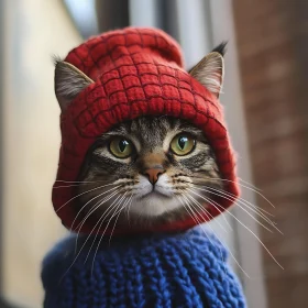 Cute Cat Portrait with Red Hat and Blue Sweater