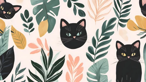 Black Cats in Tropical Botanical Pattern