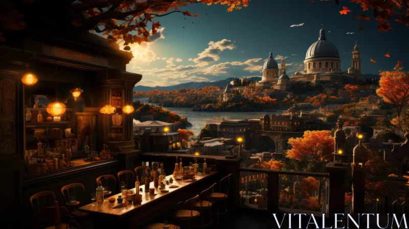 Autumn Cityscape at a Charming Restaurant | Dreamlike Artwork AI Image