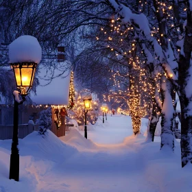 Charming Winter Scene with Lanterns and Festive Lights