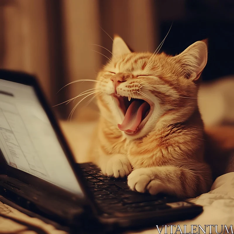 Relaxed Cat Yawning with Laptop