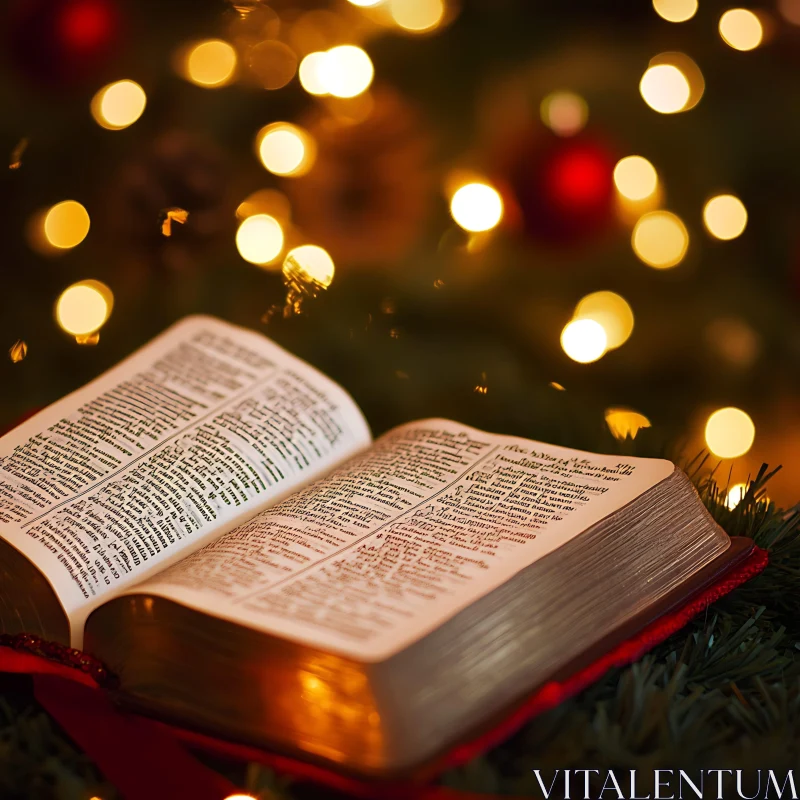 Bible Amidst Christmas Lights and Pine Branches AI Image