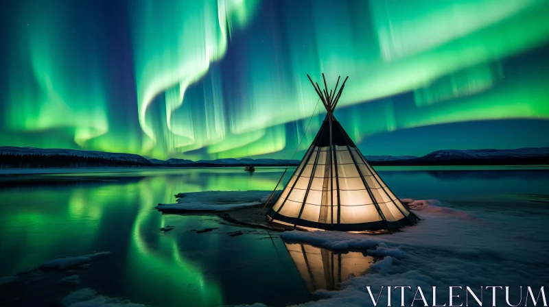Captivating Teepee under the Mesmerizing Aurora Borealis | Nature Photography AI Image