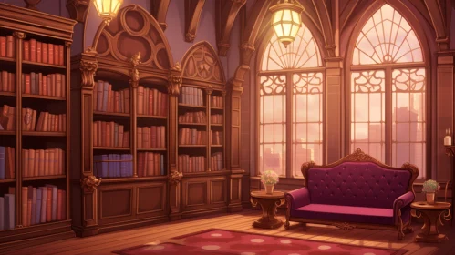 Charming Anime Style Library with Ornate Bookcase and Couch