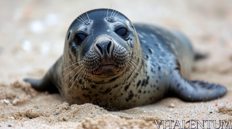 Close-up Photograph of a Cute Seal Pup on a Sandy Beach AI Image
