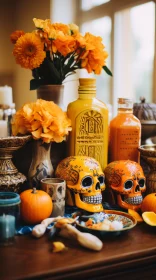 Cultural Fusion: A Still Life Display of Skulls and Flowers