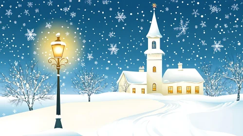 Peaceful Snowfall Around a Warmly Lit Church