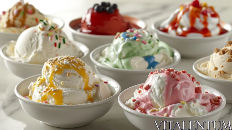 Delicious Ice Cream Flavors with Tantalizing Toppings on a Marble Table AI Image