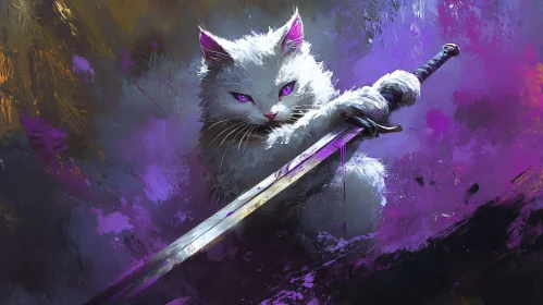 Fierce Feline with Sword in Mystical Setting