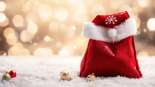 Festive Red Gift Bag on Snow with Christmas Ornaments
