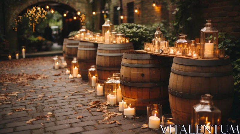 Enchanting Outdoor Scene with Candle-lit Wine Barrels AI Image