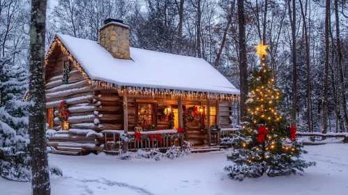Festive Log Cabin in Winter Wonderland