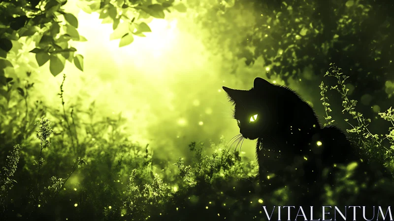 Enchanted Cat with Glowing Eyes in Lush Forest