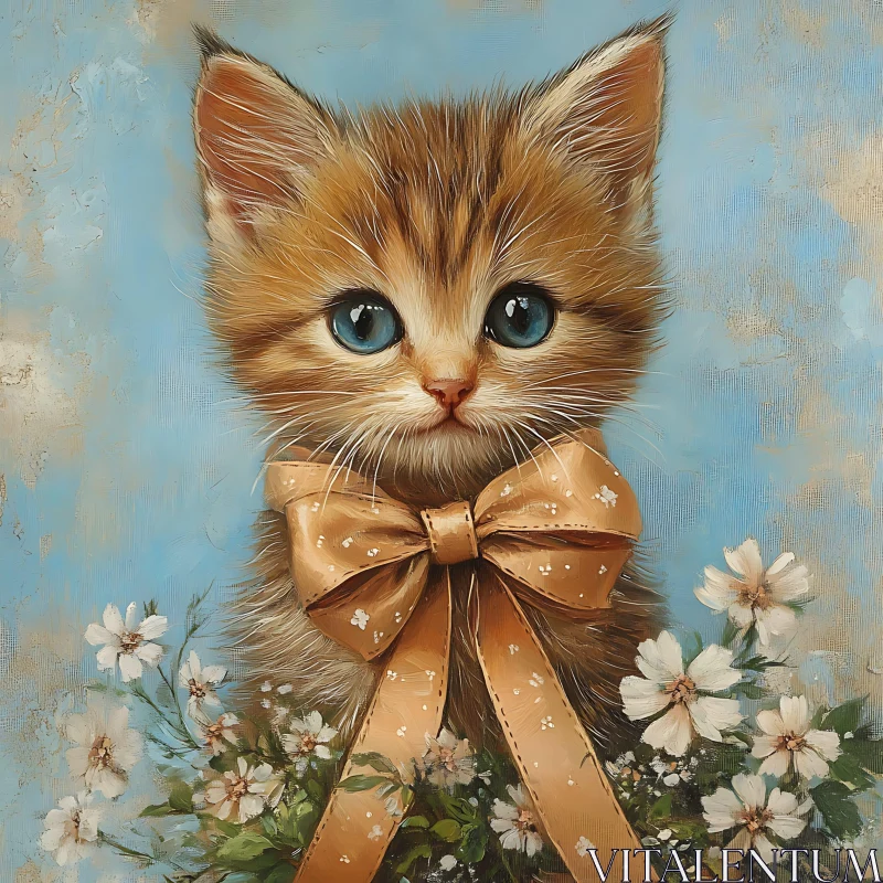 Cute Kitten Portrait with Flowers
