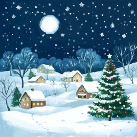 Charming Snowy Christmas Village at Night