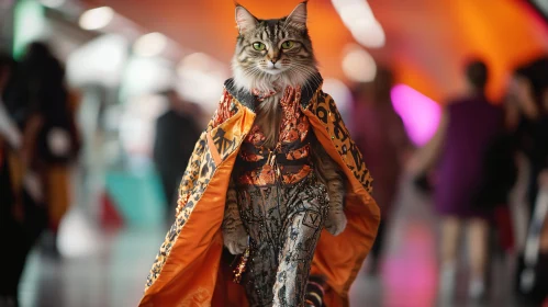 Stylish Cat in Intricate Outfit on Runway