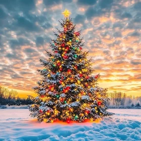 Christmas Tree with Colorful Lights Under Sunset Sky