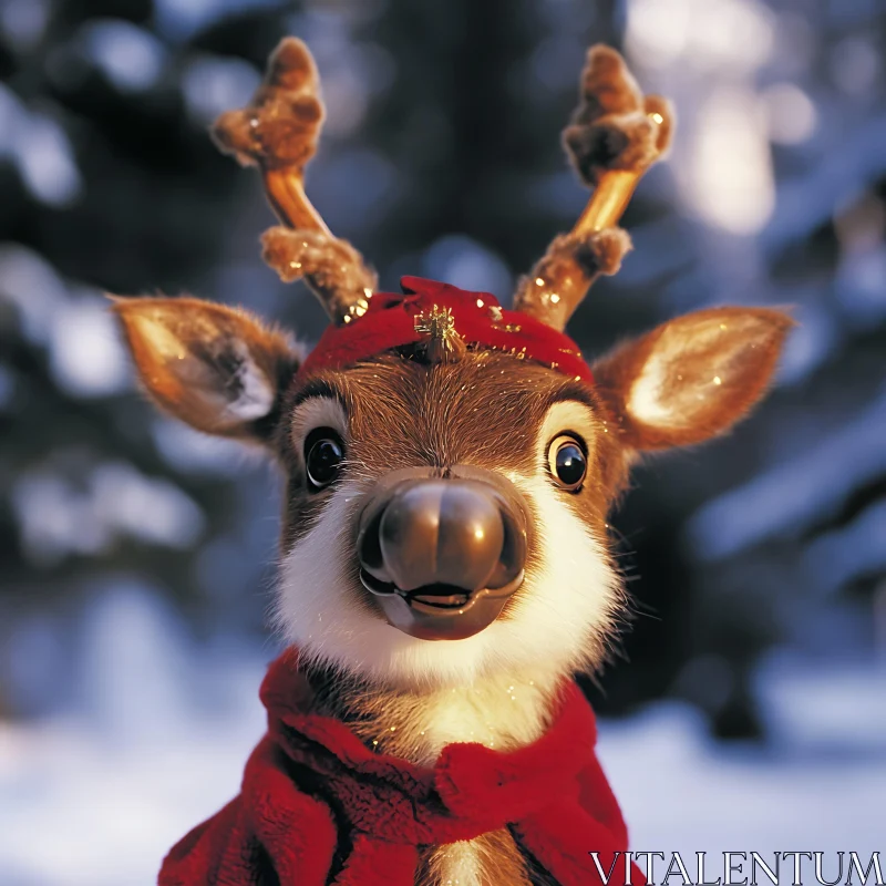 Festive Reindeer with Red Scarf in Snowy Woods