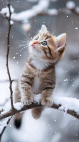 Cute Kitten Observing Snowflakes in Winter