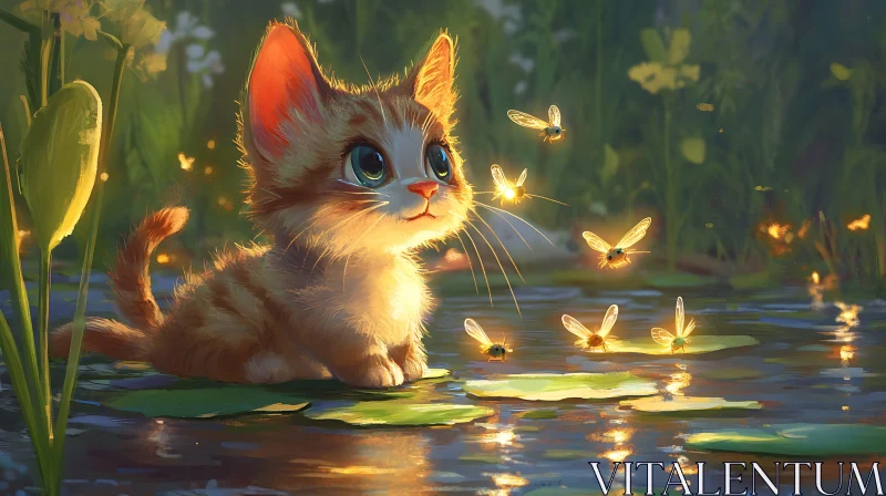 Kitten and Fireflies: An Enchanting Evening Scene