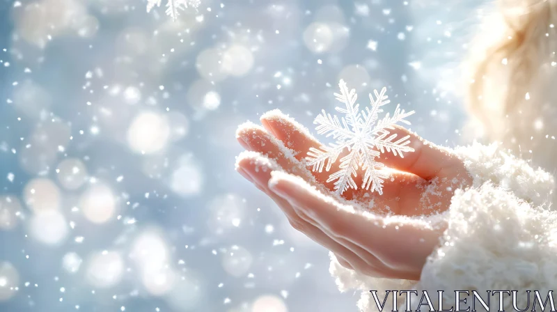 Close-up of Snowflake in Hand AI Image