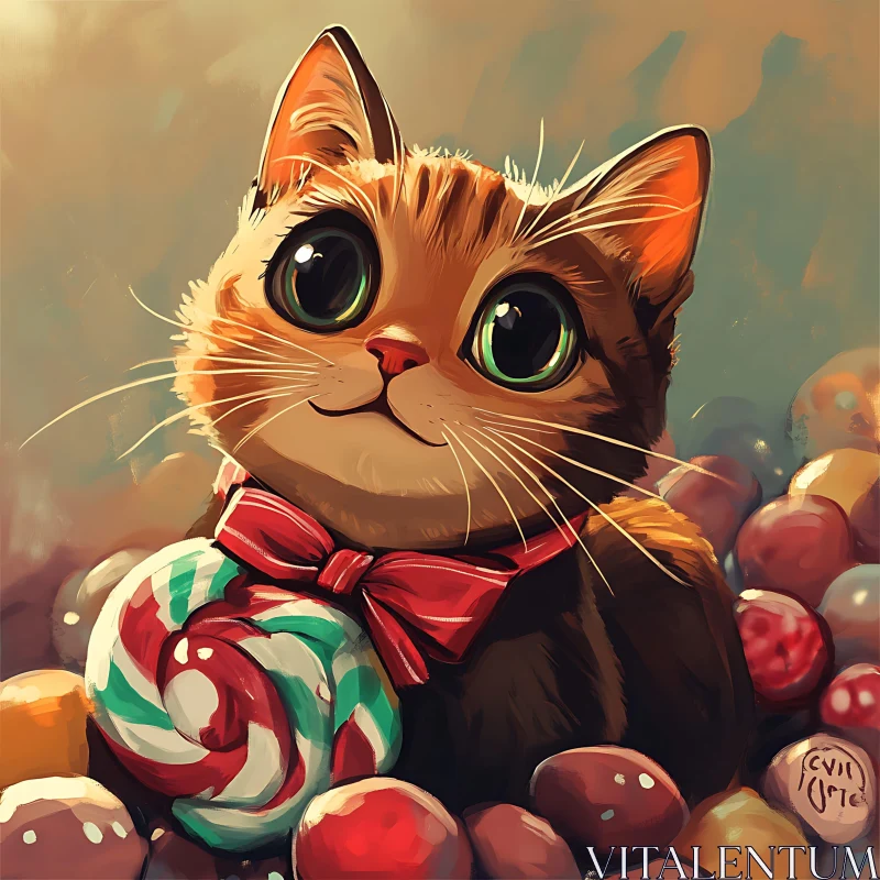 Playful Cat Surrounded by Colorful Sweets