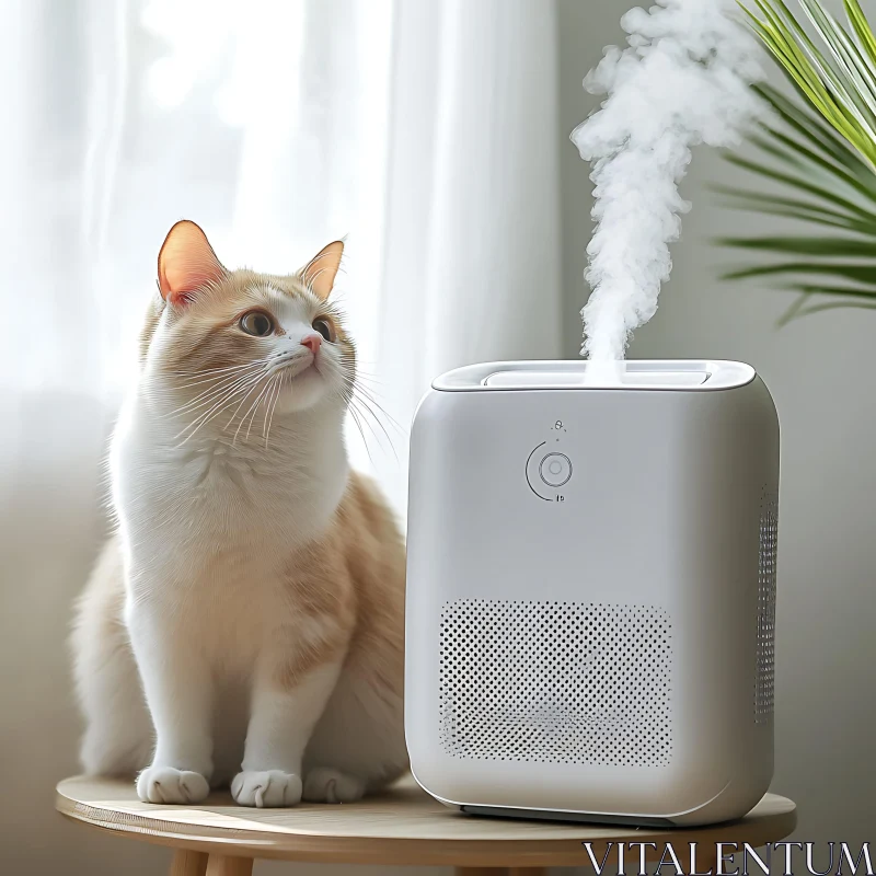 Cat and Humidifier with Steam Indoors