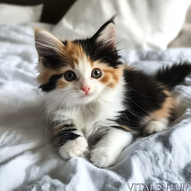 Cute Calico Kitten Lying on White Bed AI Image