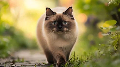 Graceful Feline with Blue Eyes in a Garden Setting