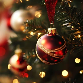 Festive Red Ornament on Christmas Tree