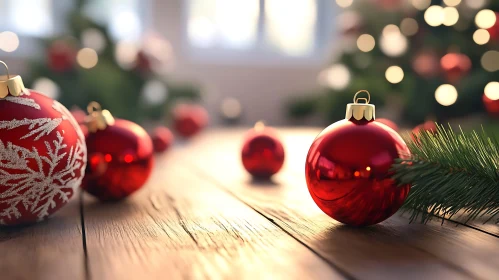 Festive Red Baubles with Bokeh