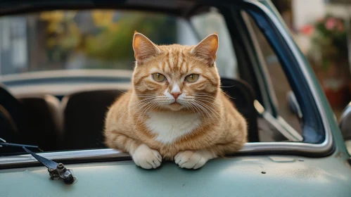 Ginger Cat in Classic Car Window