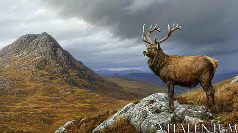 Red Deer Painting on Rocky Hilltop in Mountain Landscape AI Image