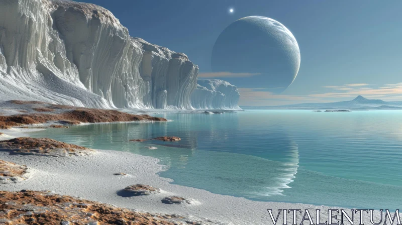 Romantic Distant Planet Landscape with Sparkling Water Reflections AI Image