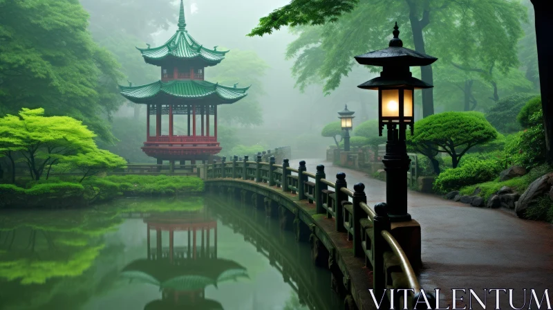 Tranquil Japanese Temple in Fog on Lake - Photo-Realistic Landscape AI Image