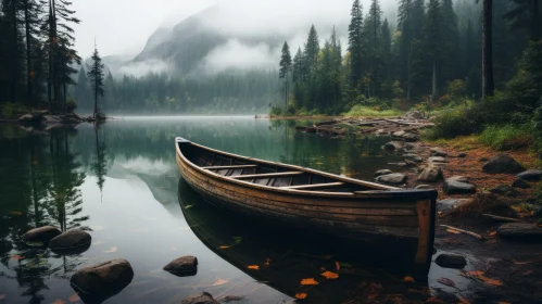 Tranquil Wooden Boat in Misty Mountain Lake - Nature-inspired Art