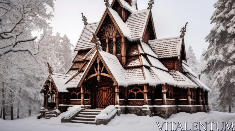 AI ART Wooden Gothic Church Covered in Snow - Architectural Beauty