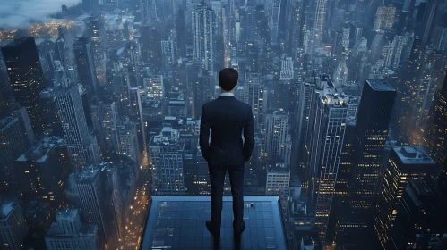 City Rooftop View with Businessman at Night