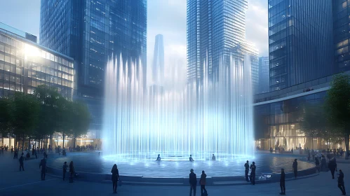 City Plaza with Illuminated Fountain and Skyscrapers