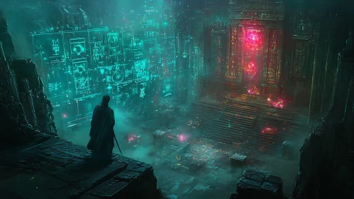 Cloaked Figure Overlooking a Mystic Temple