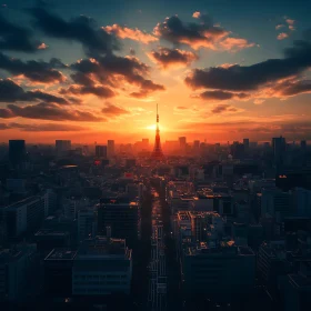 Dramatic City Sunset with Tower