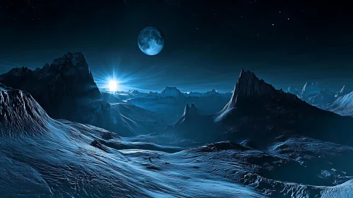 Otherworldly Night Scene with Mountains and Moon