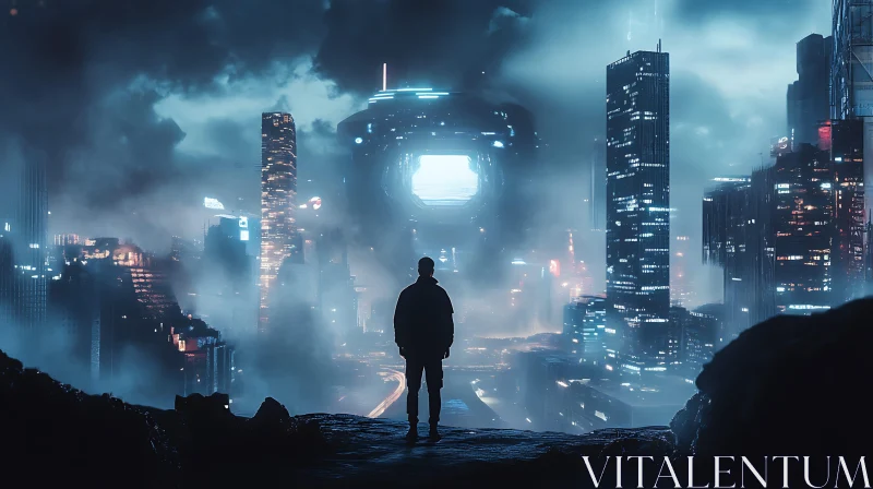 Man Observing Futuristic City at Night