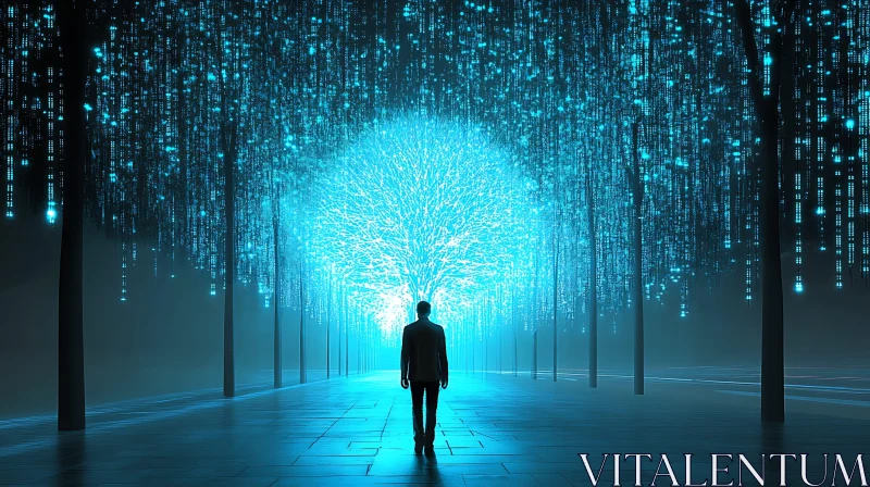 Man Walking through a Luminescent Tech Forest
