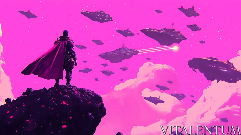Spaceships and Lone Figure in Pink Sky
